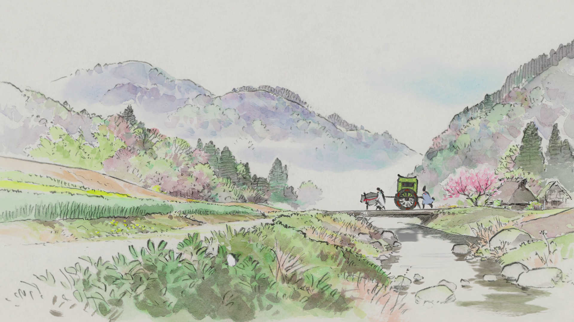 Horse carriage crossing a bridge, hand drawn illustration